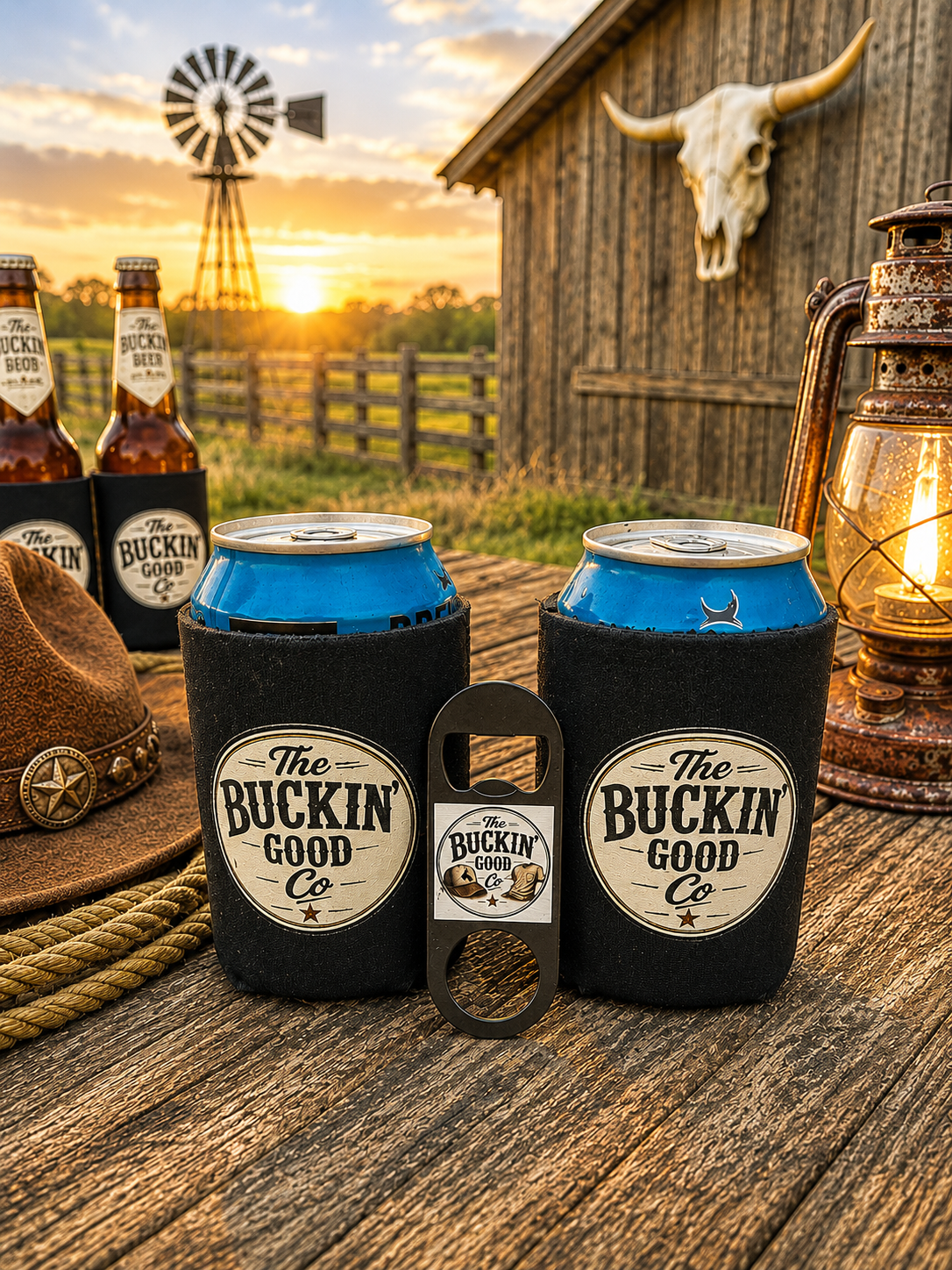 Set of 2 "Buckin' Good" stubby/bottle coolers plus a beer opener