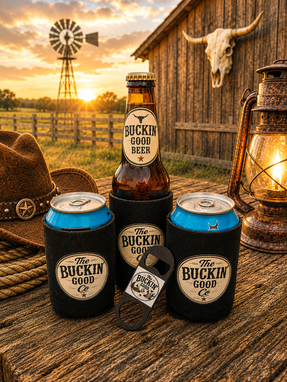Set of 3 "Buckin' Good" stubby/bottle coolers plus a beer opener