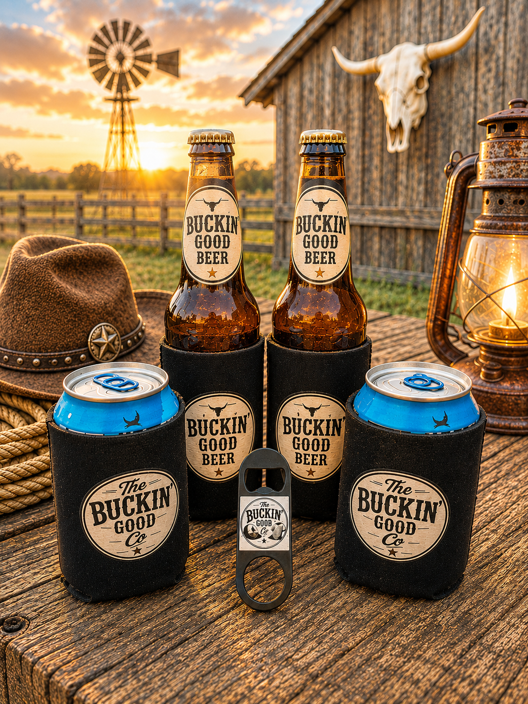 Set of 4 "Buckin' Good" stubby/bottle coolers plus a beer opener