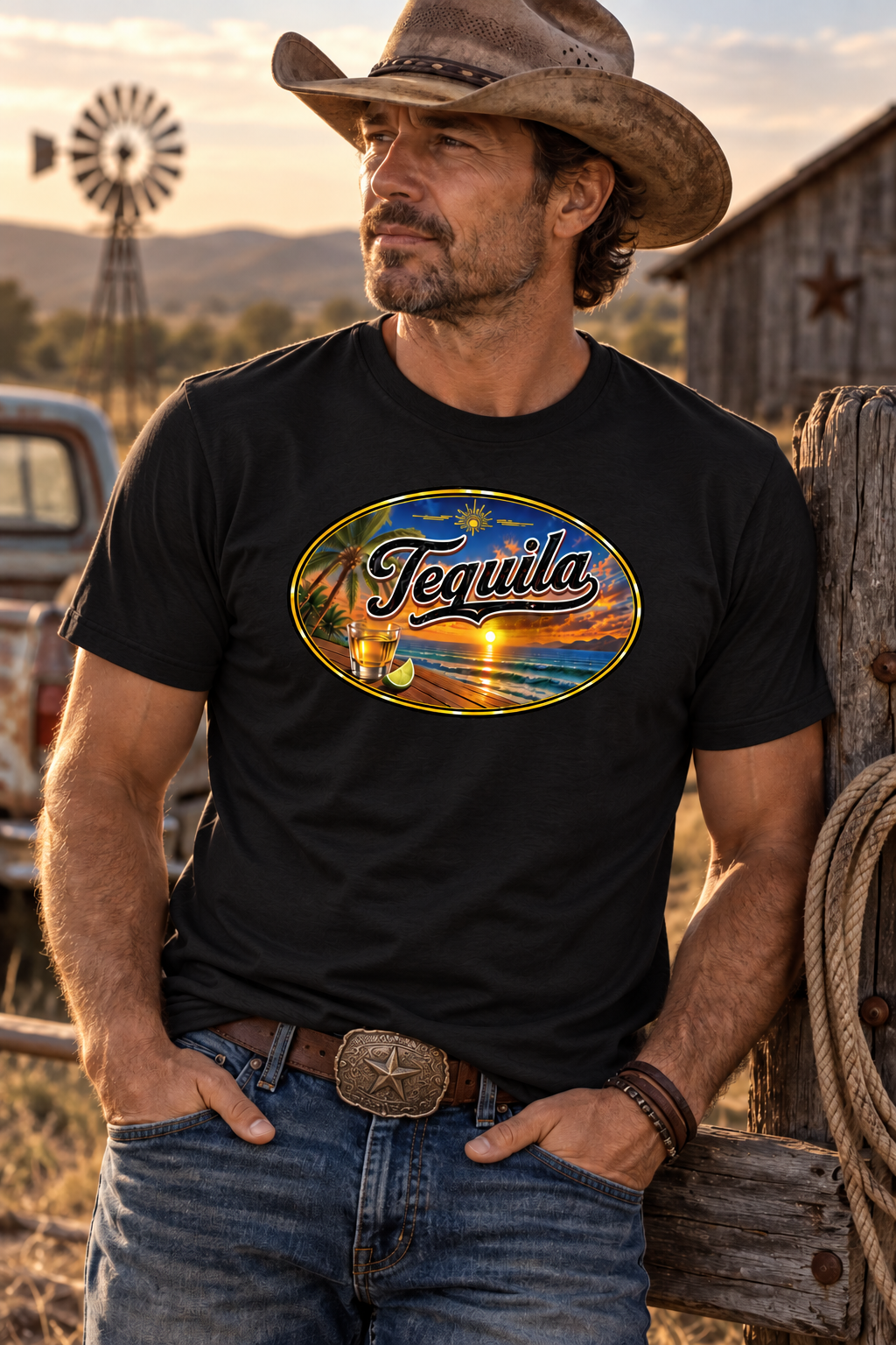 The "Tequila Sunrise" black t-shirt